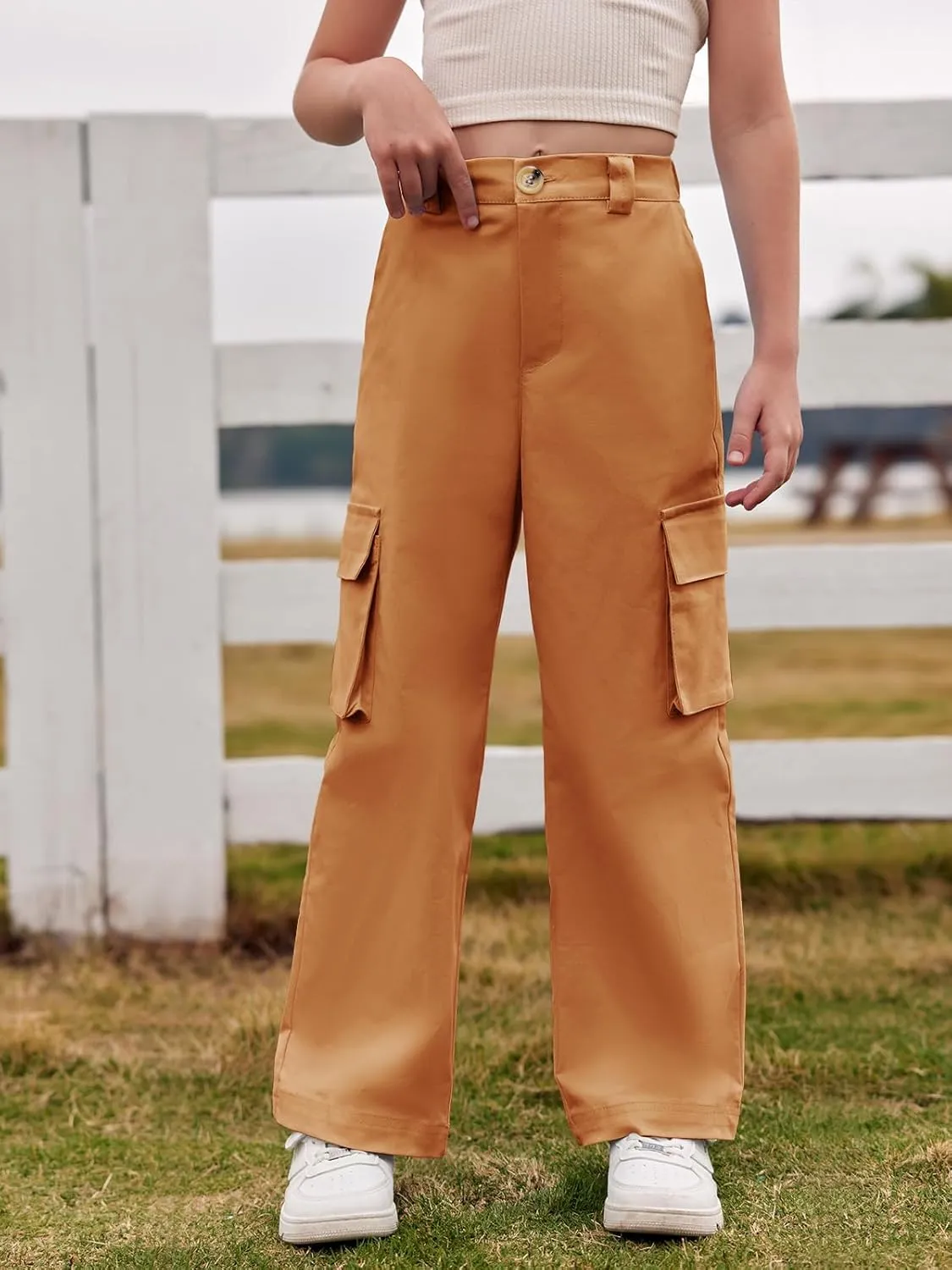 SySea Girls Cargo Pants Baggy Y2K Kids High Waist Sweatpants Flap Pockets Loose Fit Straight Wide Leg Casual Trousers
