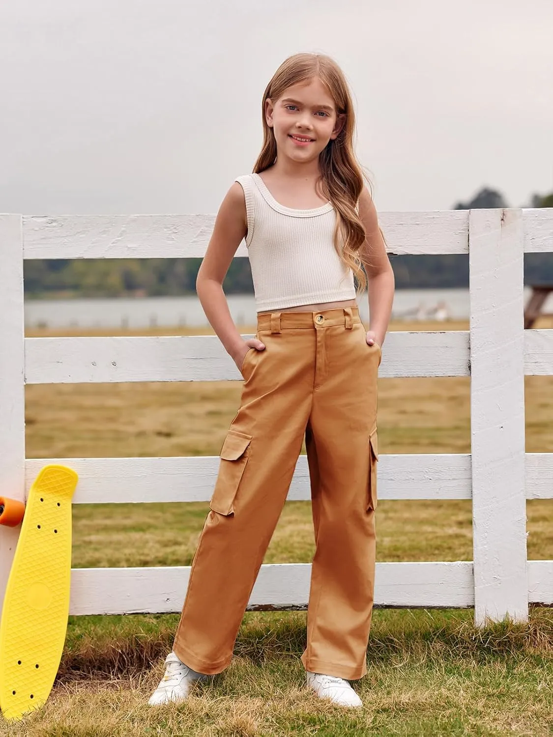 SySea Girls Cargo Pants Baggy Y2K Kids High Waist Sweatpants Flap Pockets Loose Fit Straight Wide Leg Casual Trousers
