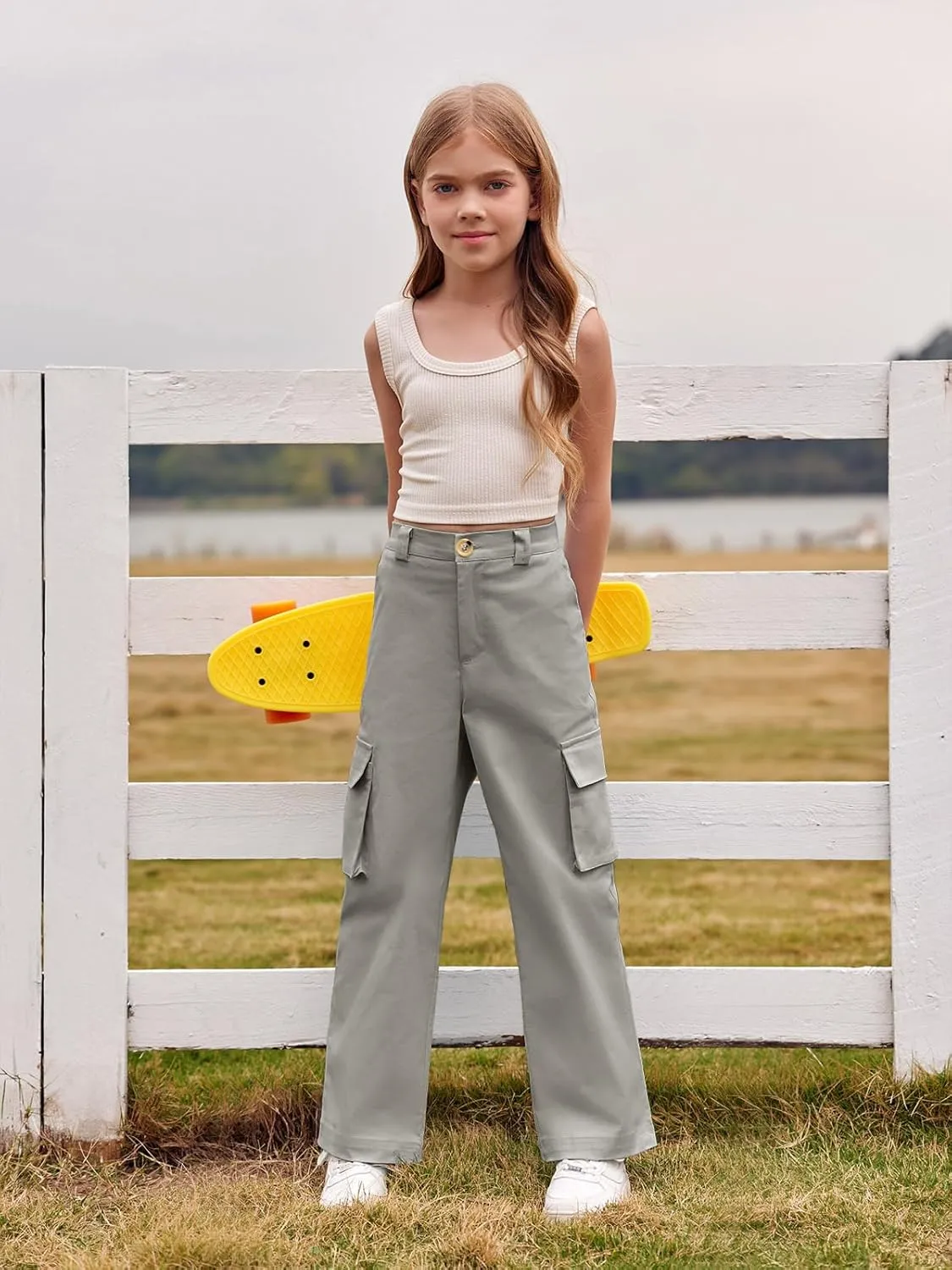 SySea Girls Cargo Pants Baggy Y2K Kids High Waist Sweatpants Flap Pockets Loose Fit Straight Wide Leg Casual Trousers