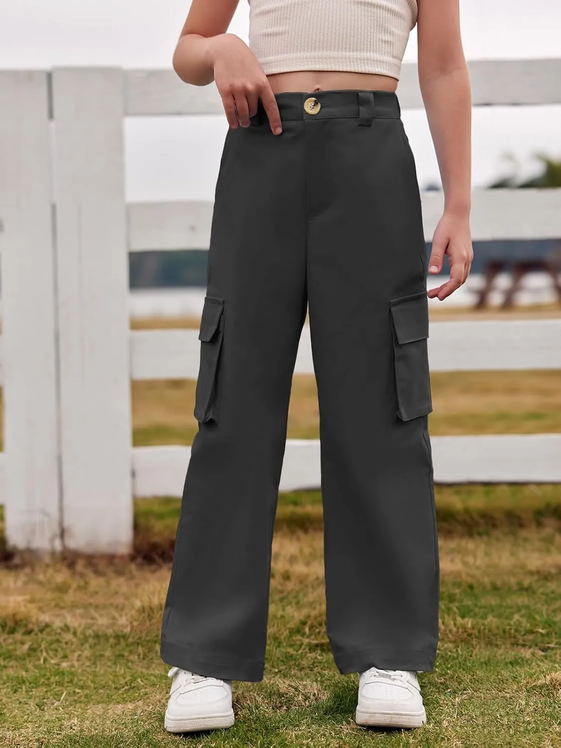 SySea Girls Cargo Pants Baggy Y2K Kids High Waist Sweatpants Flap Pockets Loose Fit Straight Wide Leg Casual Trousers