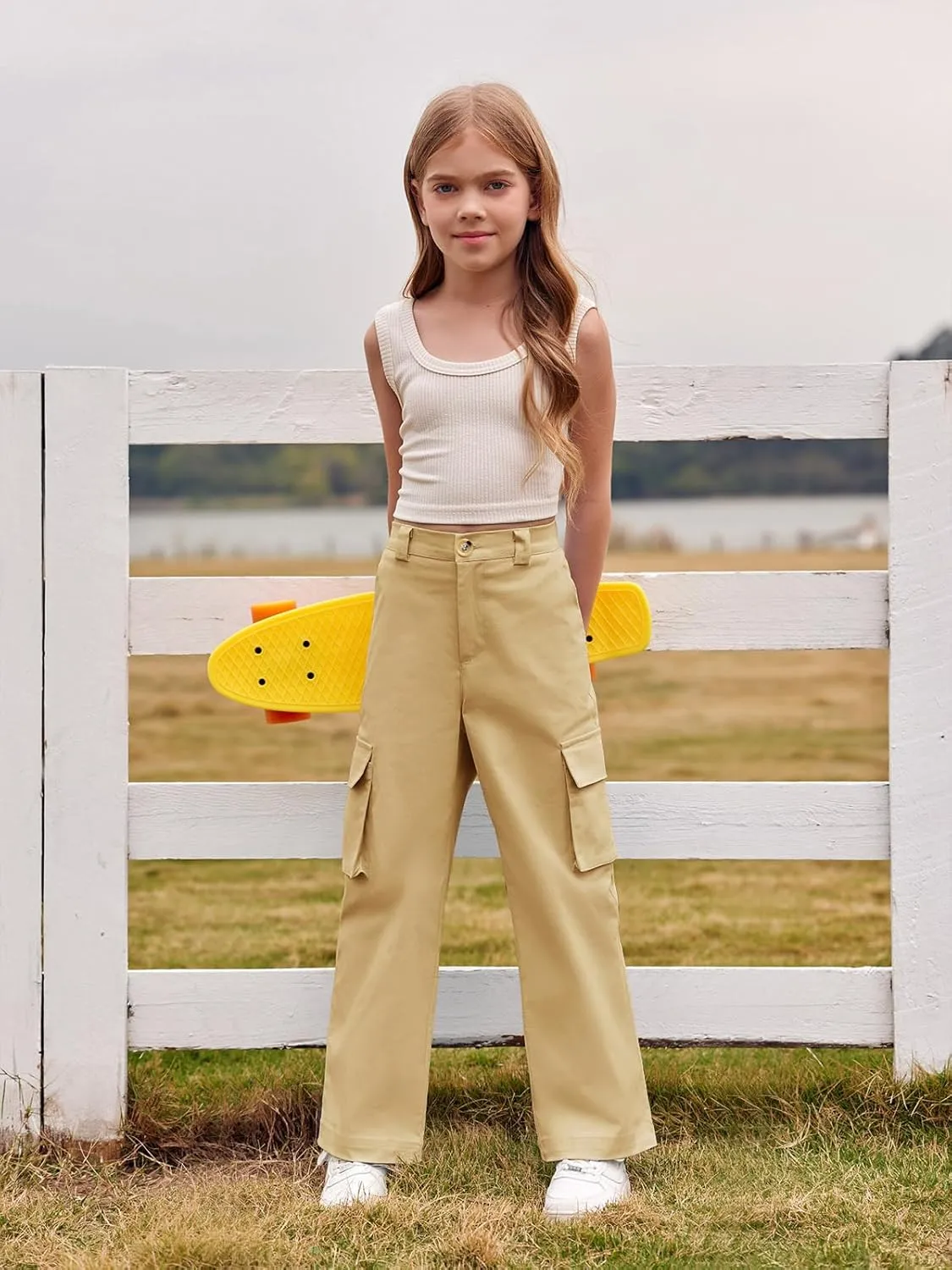 SySea Girls Cargo Pants Baggy Y2K Kids High Waist Sweatpants Flap Pockets Loose Fit Straight Wide Leg Casual Trousers