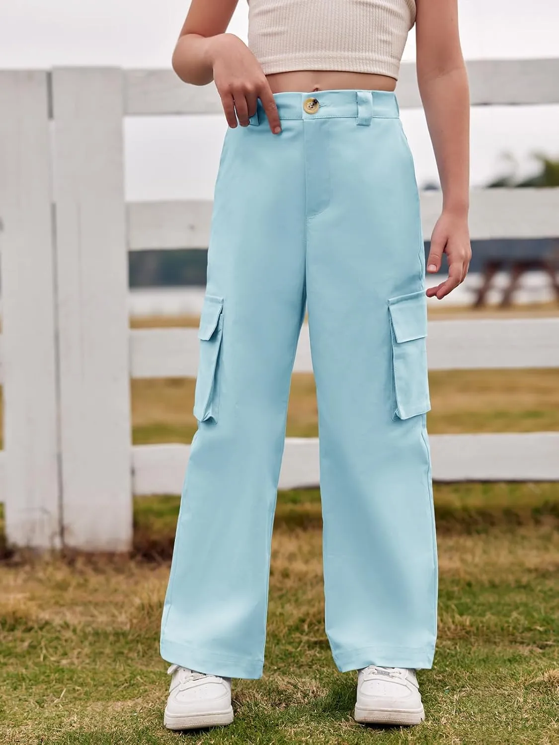 SySea Girls Cargo Pants Baggy Y2K Kids High Waist Sweatpants Flap Pockets Loose Fit Straight Wide Leg Casual Trousers