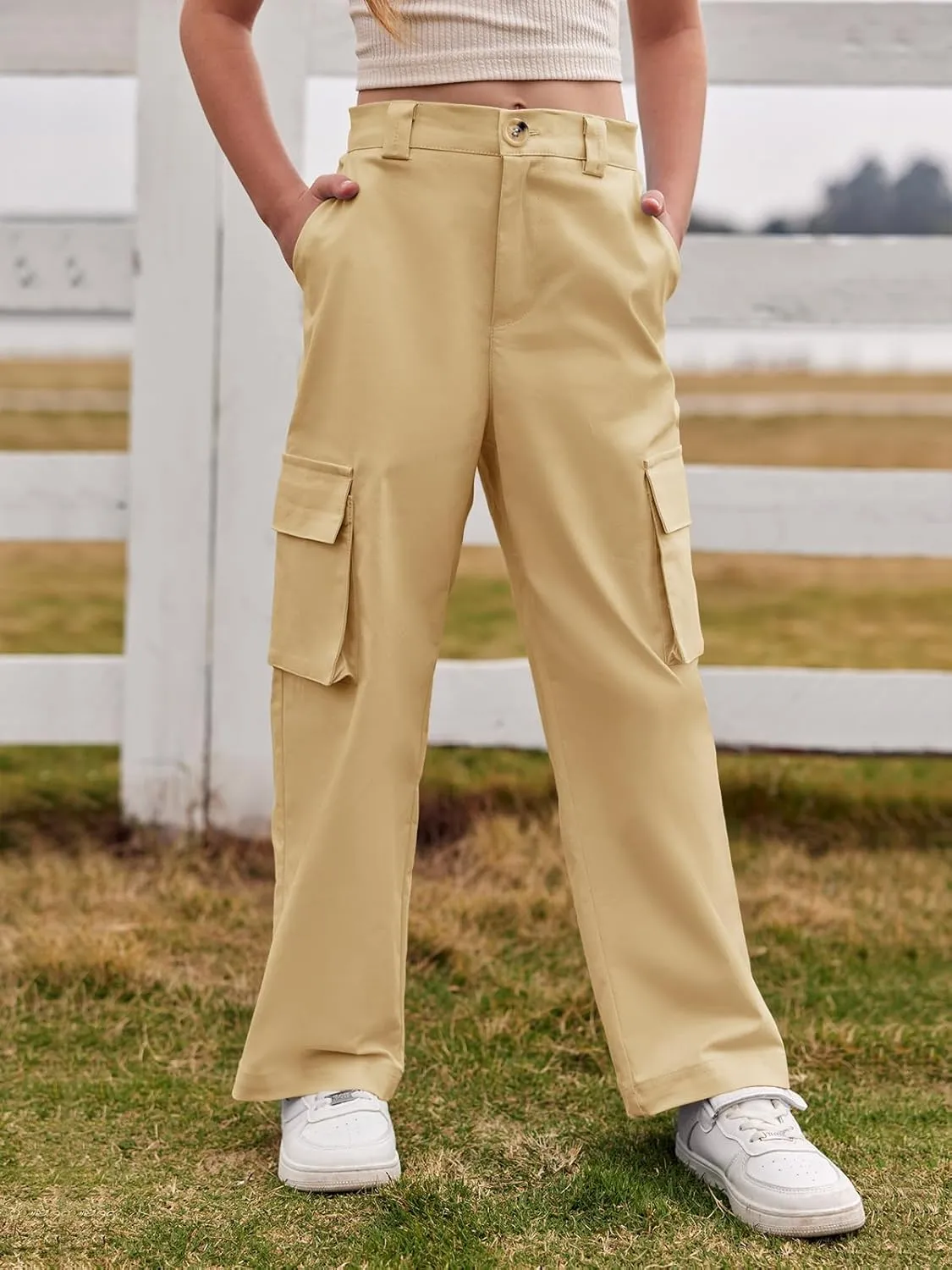 SySea Girls Cargo Pants Baggy Y2K Kids High Waist Sweatpants Flap Pockets Loose Fit Straight Wide Leg Casual Trousers