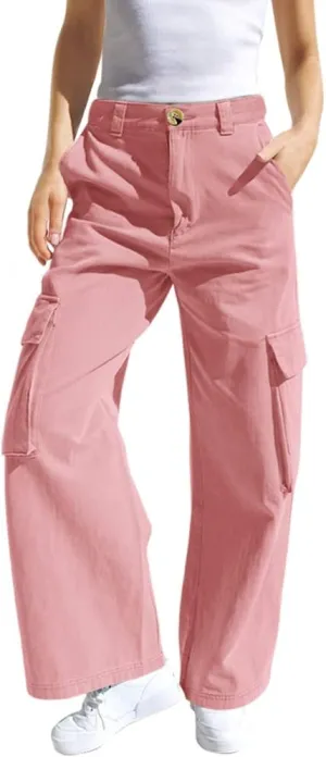 SySea Girls Cargo Pants Baggy Y2K Kids High Waist Sweatpants Flap Pockets Loose Fit Straight Wide Leg Casual Trousers