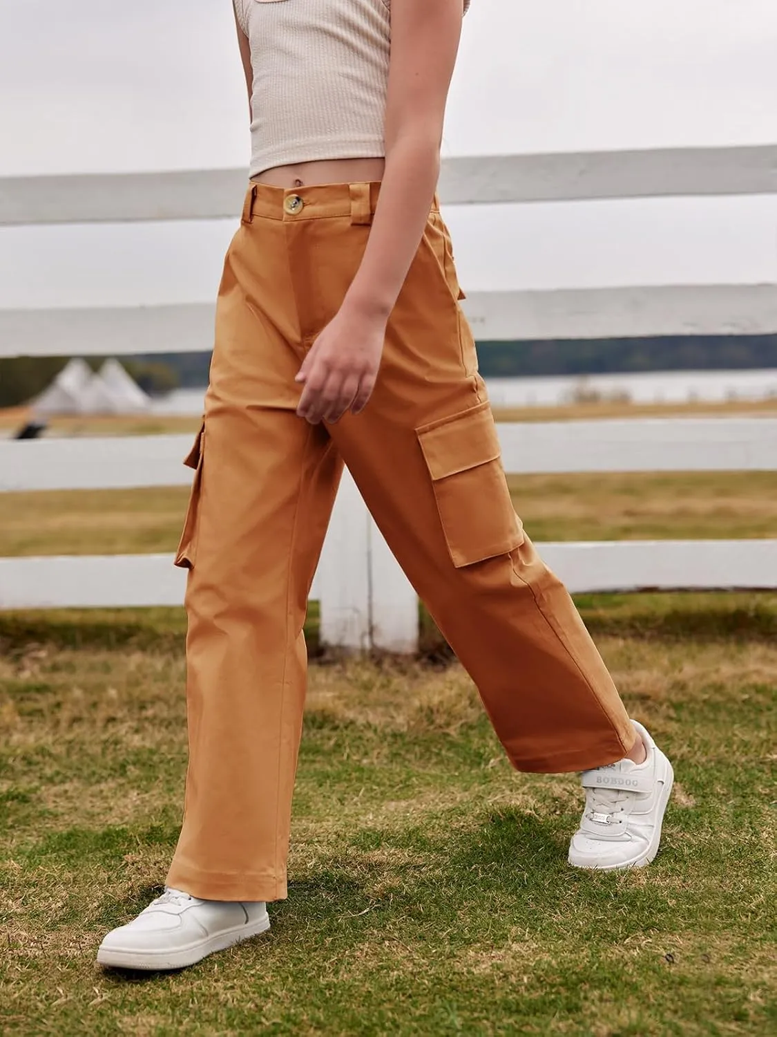 SySea Girls Cargo Pants Baggy Y2K Kids High Waist Sweatpants Flap Pockets Loose Fit Straight Wide Leg Casual Trousers
