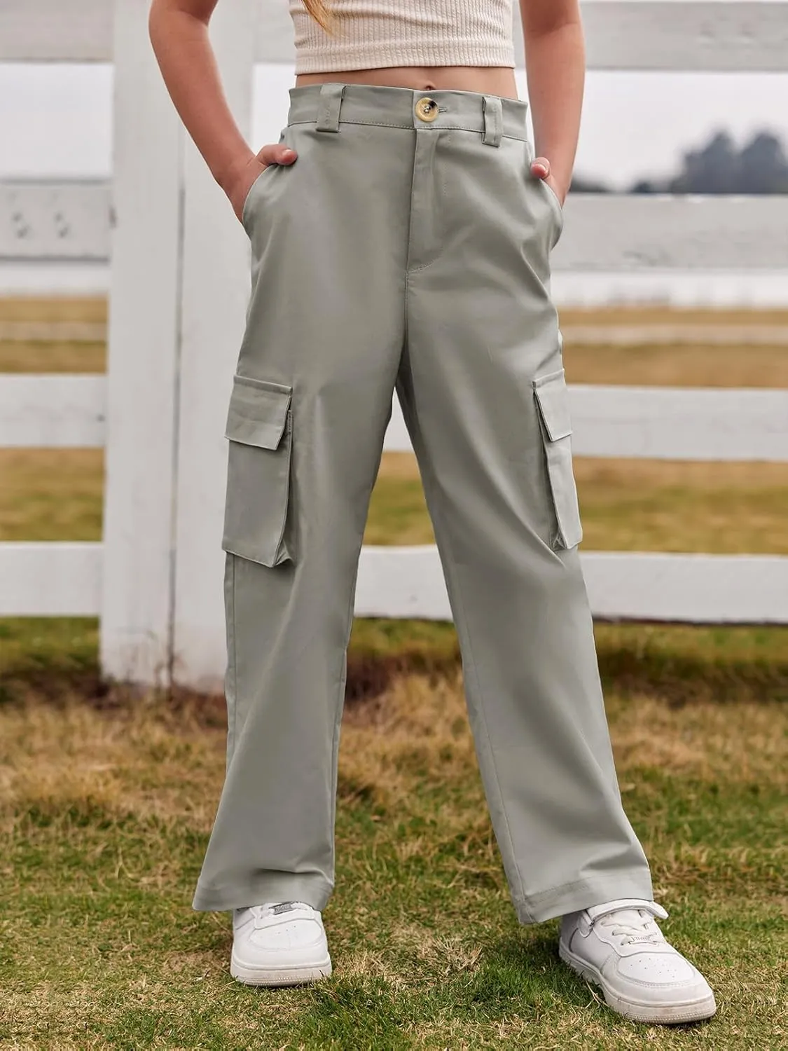 SySea Girls Cargo Pants Baggy Y2K Kids High Waist Sweatpants Flap Pockets Loose Fit Straight Wide Leg Casual Trousers