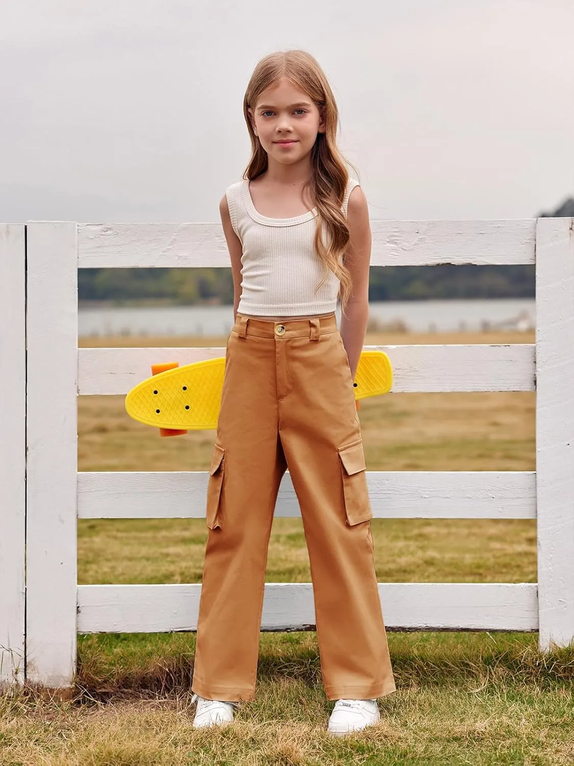 SySea Girls Cargo Pants Baggy Y2K Kids High Waist Sweatpants Flap Pockets Loose Fit Straight Wide Leg Casual Trousers