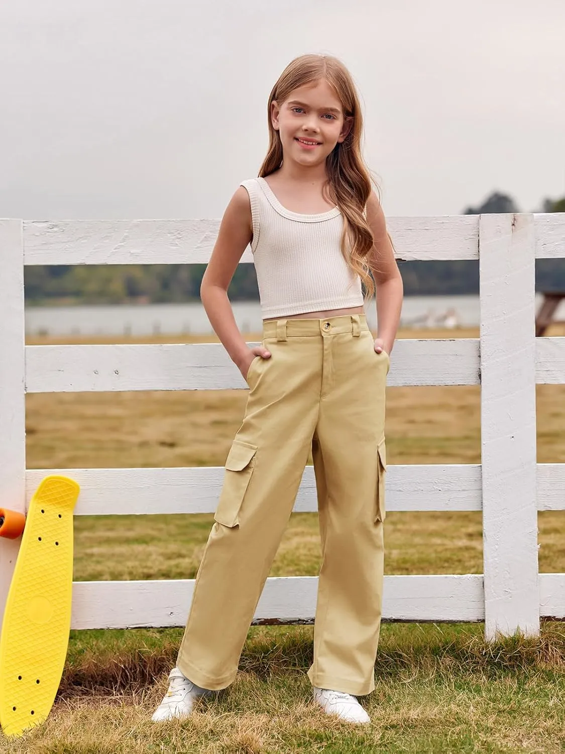 SySea Girls Cargo Pants Baggy Y2K Kids High Waist Sweatpants Flap Pockets Loose Fit Straight Wide Leg Casual Trousers