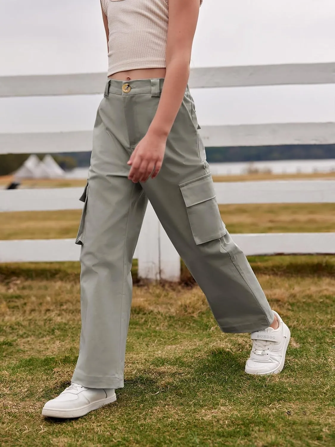 SySea Girls Cargo Pants Baggy Y2K Kids High Waist Sweatpants Flap Pockets Loose Fit Straight Wide Leg Casual Trousers