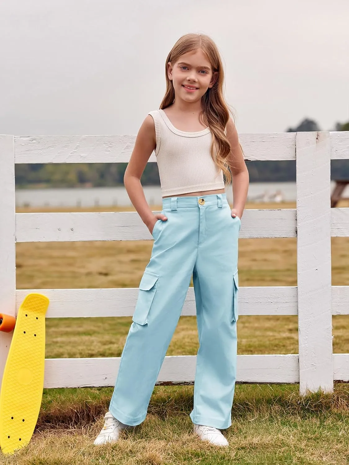 SySea Girls Cargo Pants Baggy Y2K Kids High Waist Sweatpants Flap Pockets Loose Fit Straight Wide Leg Casual Trousers