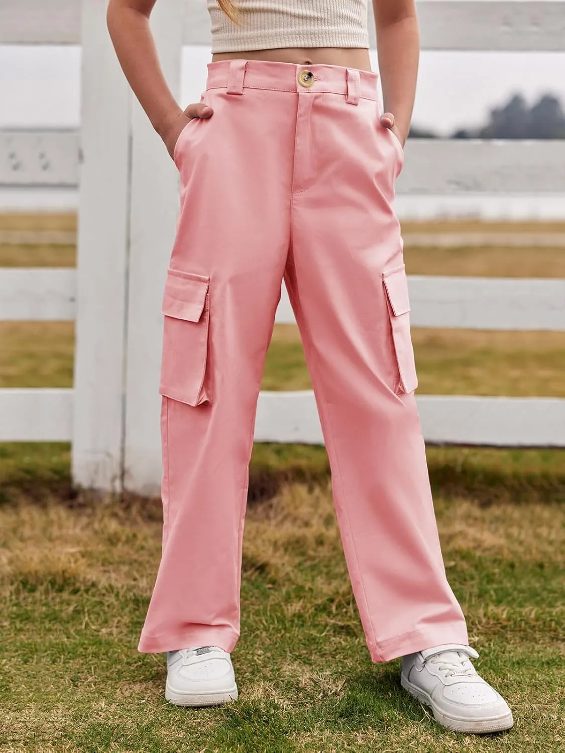 SySea Girls Cargo Pants Baggy Y2K Kids High Waist Sweatpants Flap Pockets Loose Fit Straight Wide Leg Casual Trousers