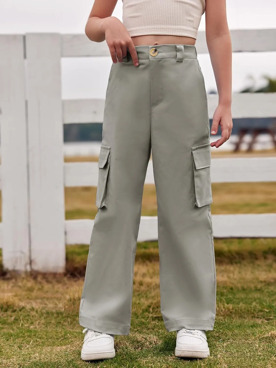 SySea Girls Cargo Pants Baggy Y2K Kids High Waist Sweatpants Flap Pockets Loose Fit Straight Wide Leg Casual Trousers