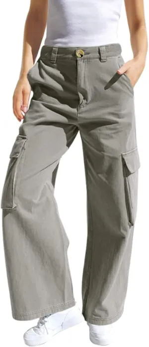 SySea Girls Cargo Pants Baggy Y2K Kids High Waist Sweatpants Flap Pockets Loose Fit Straight Wide Leg Casual Trousers