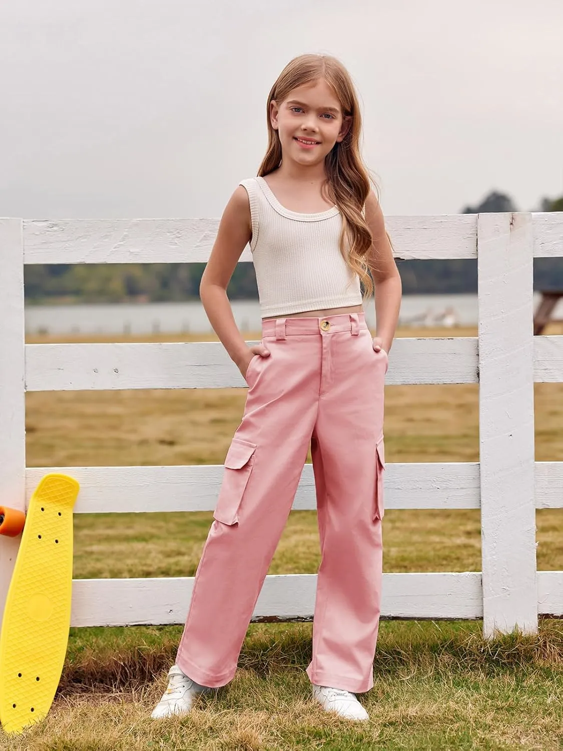 SySea Girls Cargo Pants Baggy Y2K Kids High Waist Sweatpants Flap Pockets Loose Fit Straight Wide Leg Casual Trousers