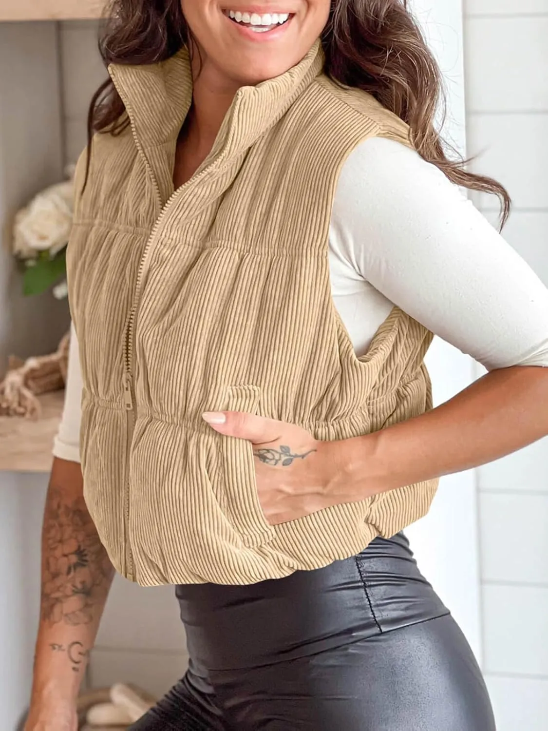Tankaneo Womens Cropped Puffer Vest Corduroy Lightweight Sleeveless Padded Coat Zip Up Warm Outerwear