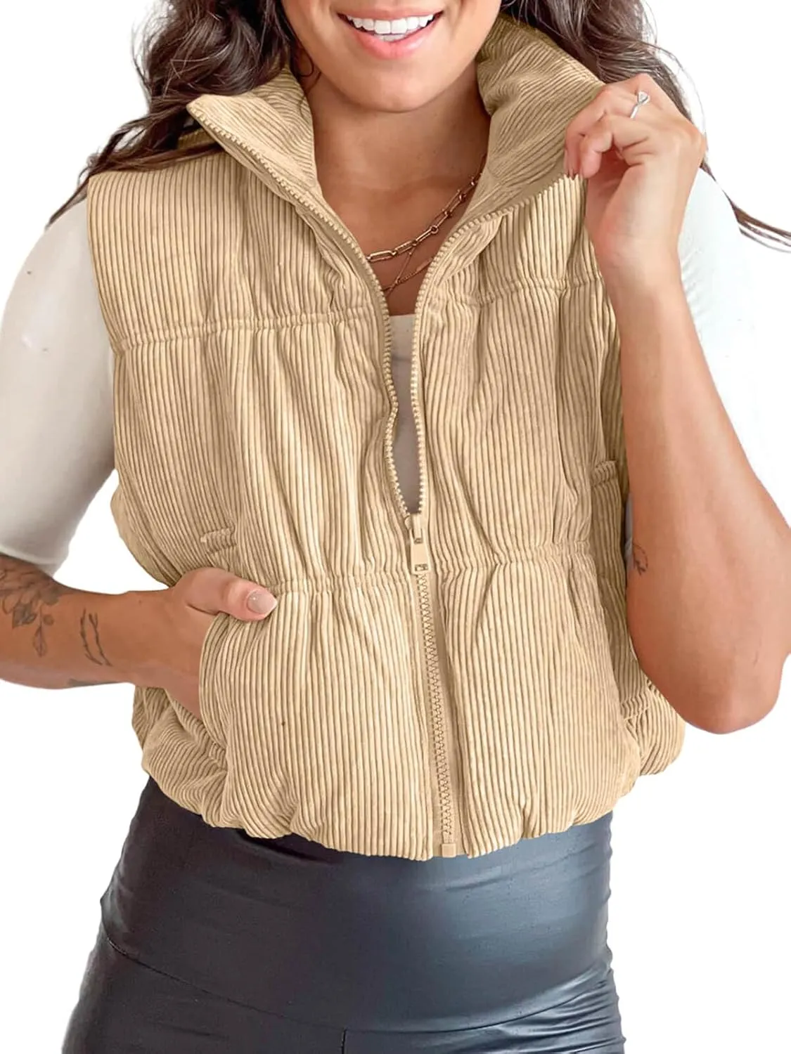 Tankaneo Womens Cropped Puffer Vest Corduroy Lightweight Sleeveless Padded Coat Zip Up Warm Outerwear