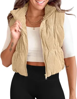 Tankaneo Womens Cropped Puffer Vest Corduroy Lightweight Sleeveless Padded Coat Zip Up Warm Outerwear