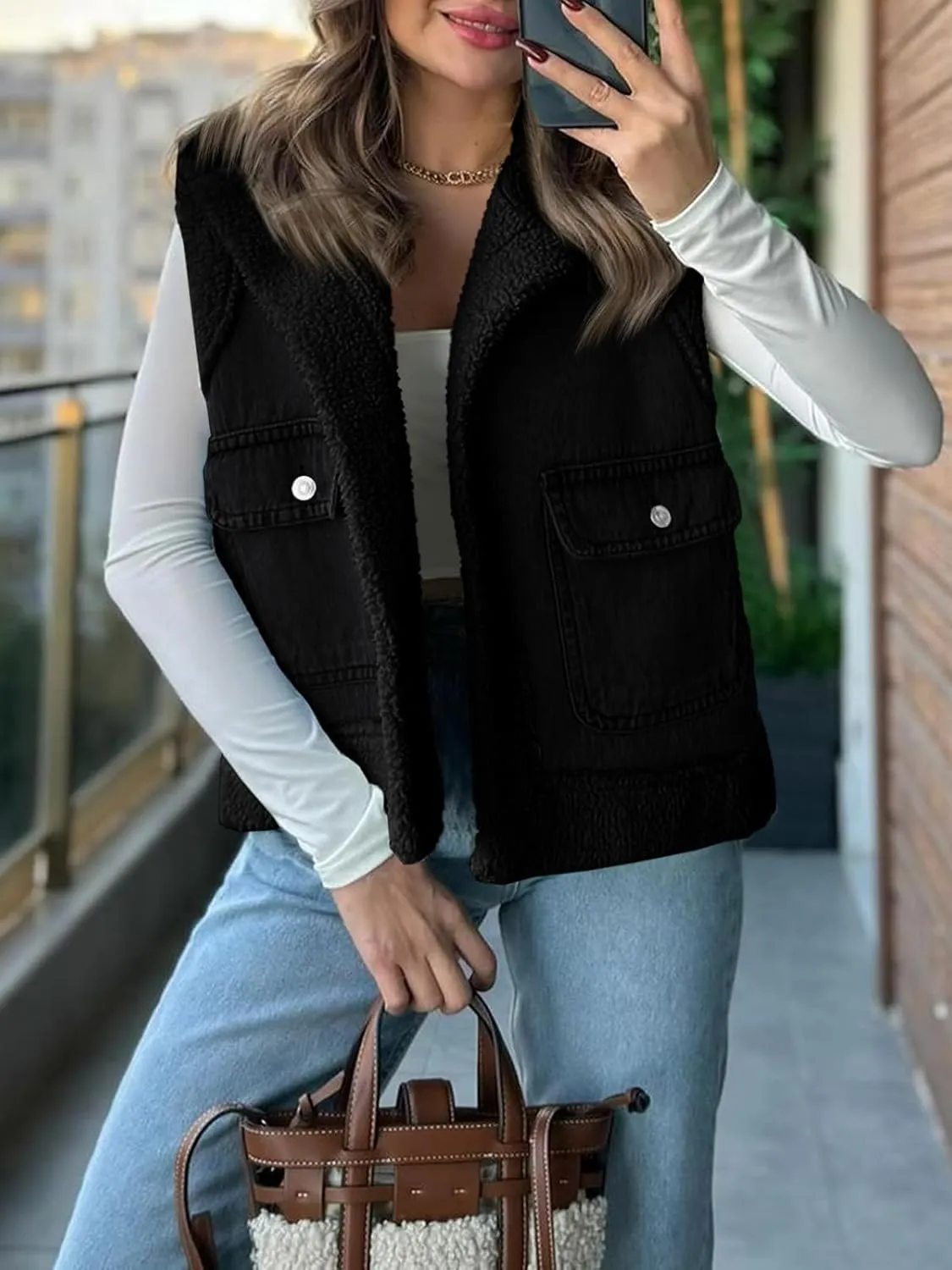 Tankaneo Womens Sherpa Denim Vest Oversized Fleece Lined Sleeveless Jean Jacket Winter Fuzzy Outerwear