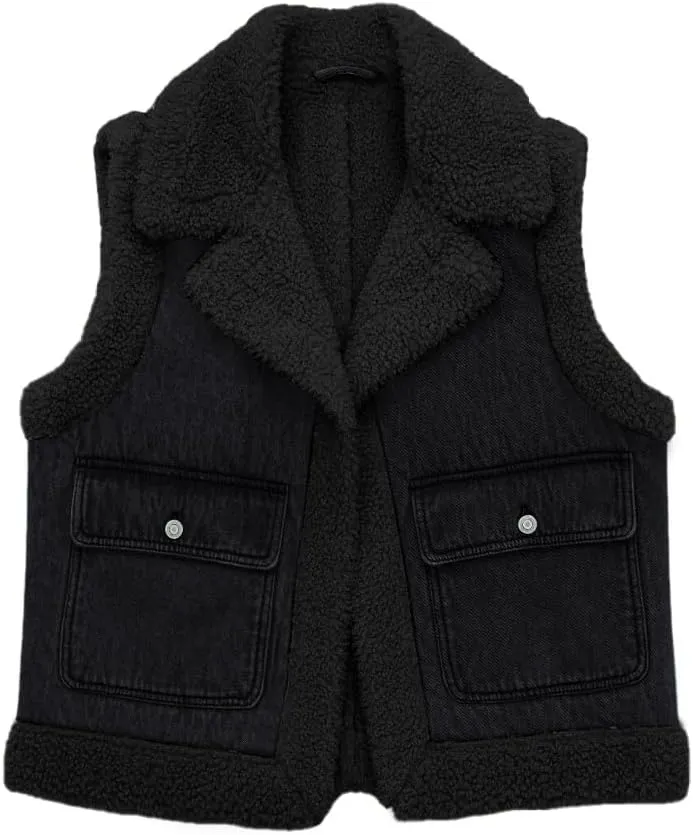 Tankaneo Womens Sherpa Denim Vest Oversized Fleece Lined Sleeveless Jean Jacket Winter Fuzzy Outerwear