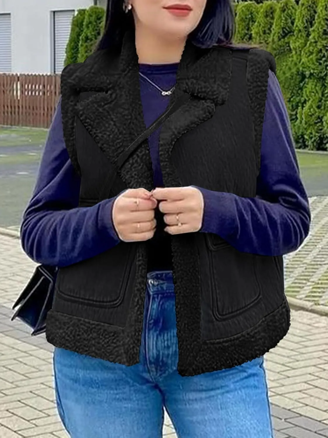Tankaneo Womens Sherpa Denim Vest Oversized Fleece Lined Sleeveless Jean Jacket Winter Fuzzy Outerwear
