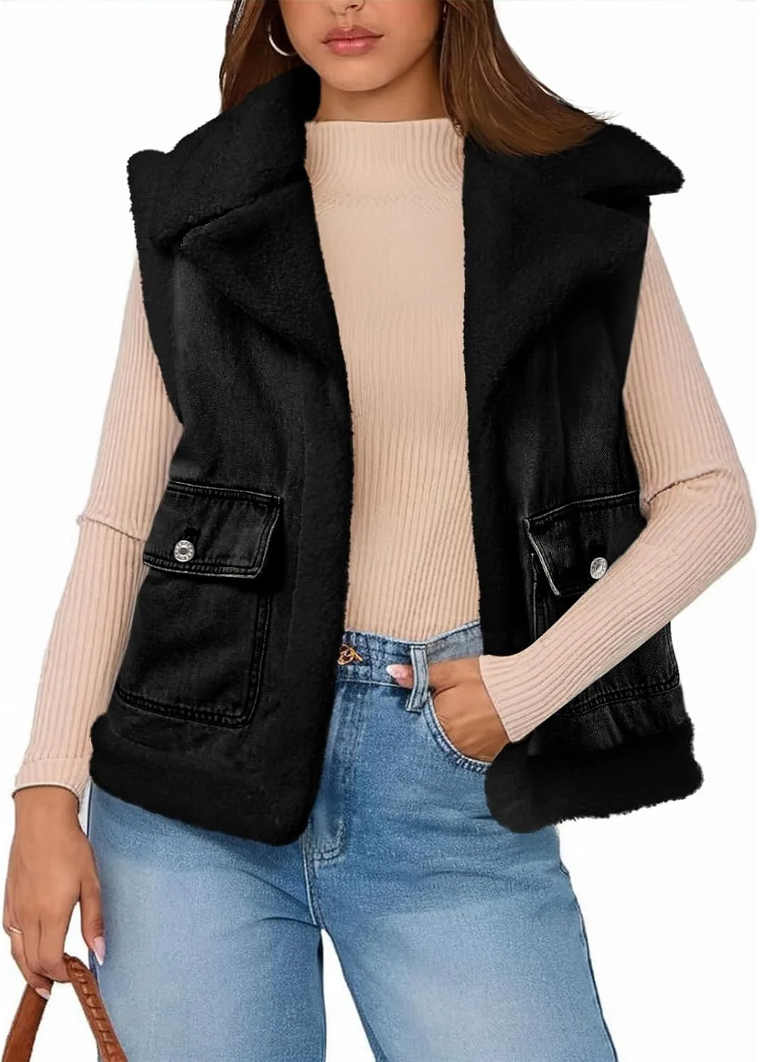 Tankaneo Womens Sherpa Denim Vest Oversized Fleece Lined Sleeveless Jean Jacket Winter Fuzzy Outerwear