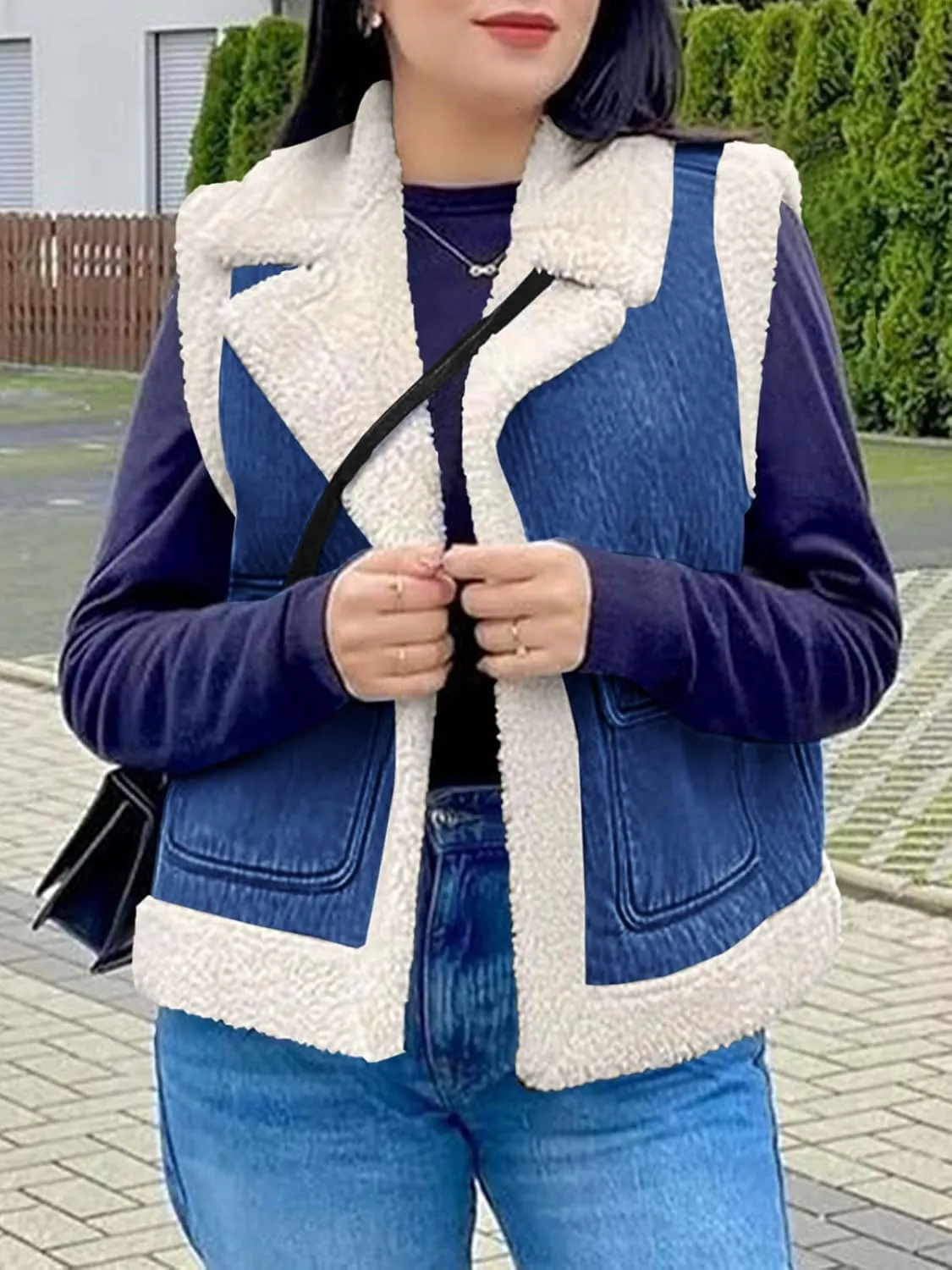 Tankaneo Womens Sherpa Denim Vest Oversized Fleece Lined Sleeveless Jean Jacket Winter Fuzzy Outerwear