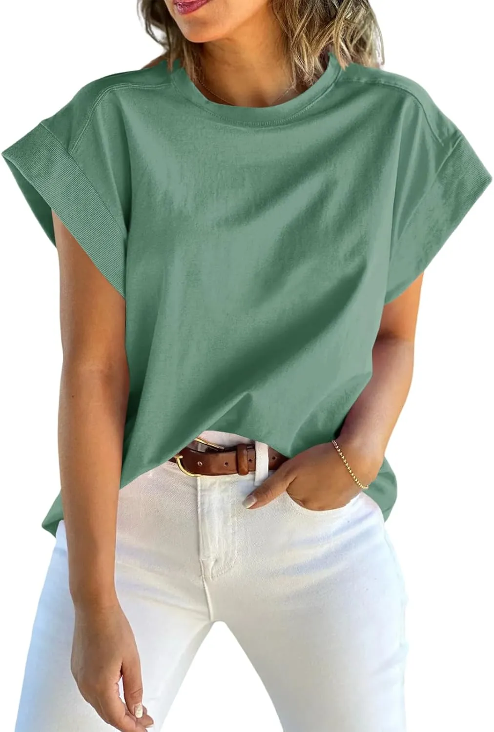 Tankaneo Womens Summer Cap Sleeve Tank Top Crew Neck Solid Casual Loose Fit Basic Tee Shirt