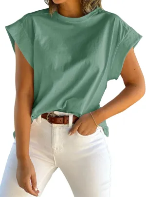 Tankaneo Womens Summer Cap Sleeve Tank Top Crew Neck Solid Casual Loose Fit Basic Tee Shirt