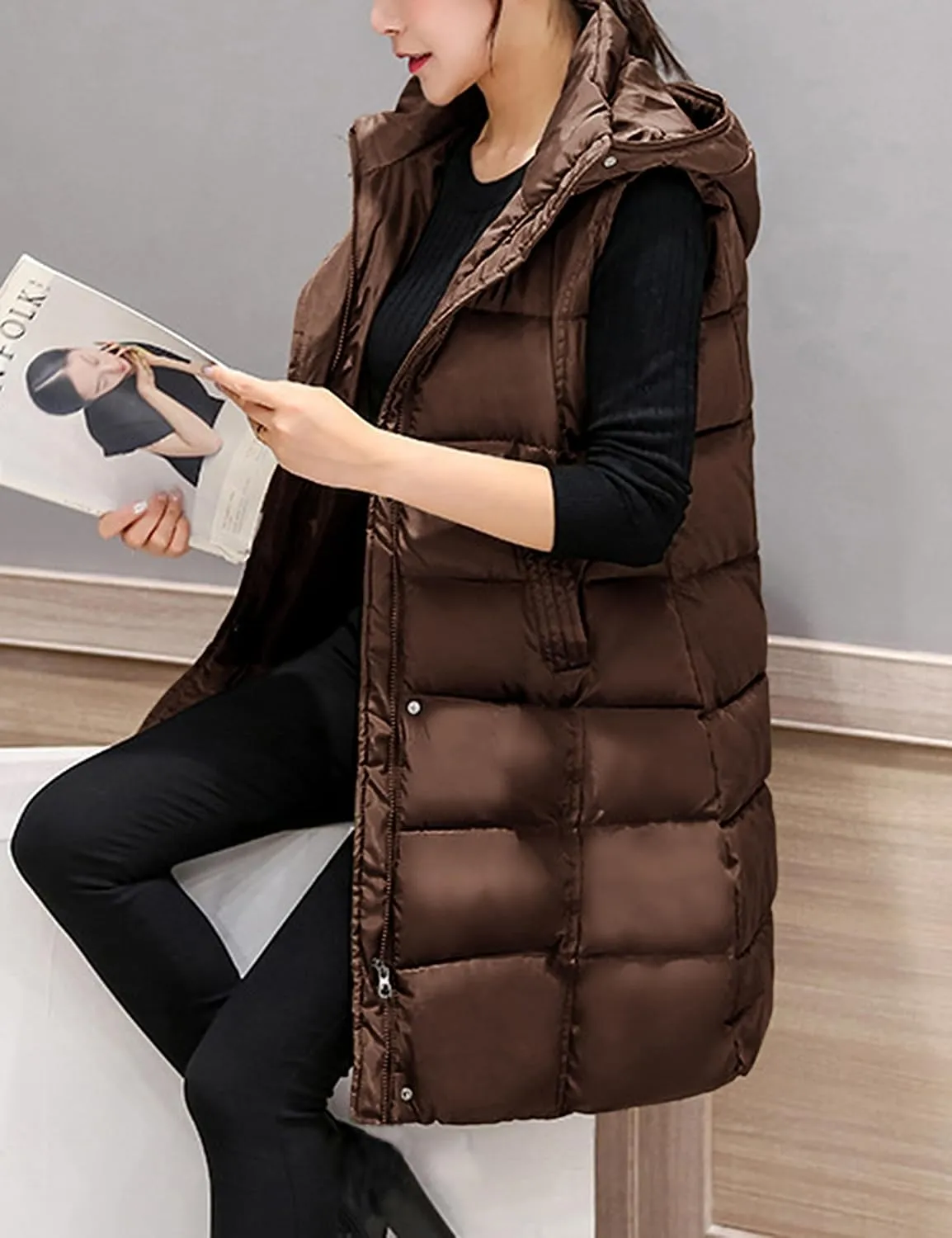 Tanming Women's Long Puffer Vest Casual Sleeveless Puffy Jacket with Removable Hood