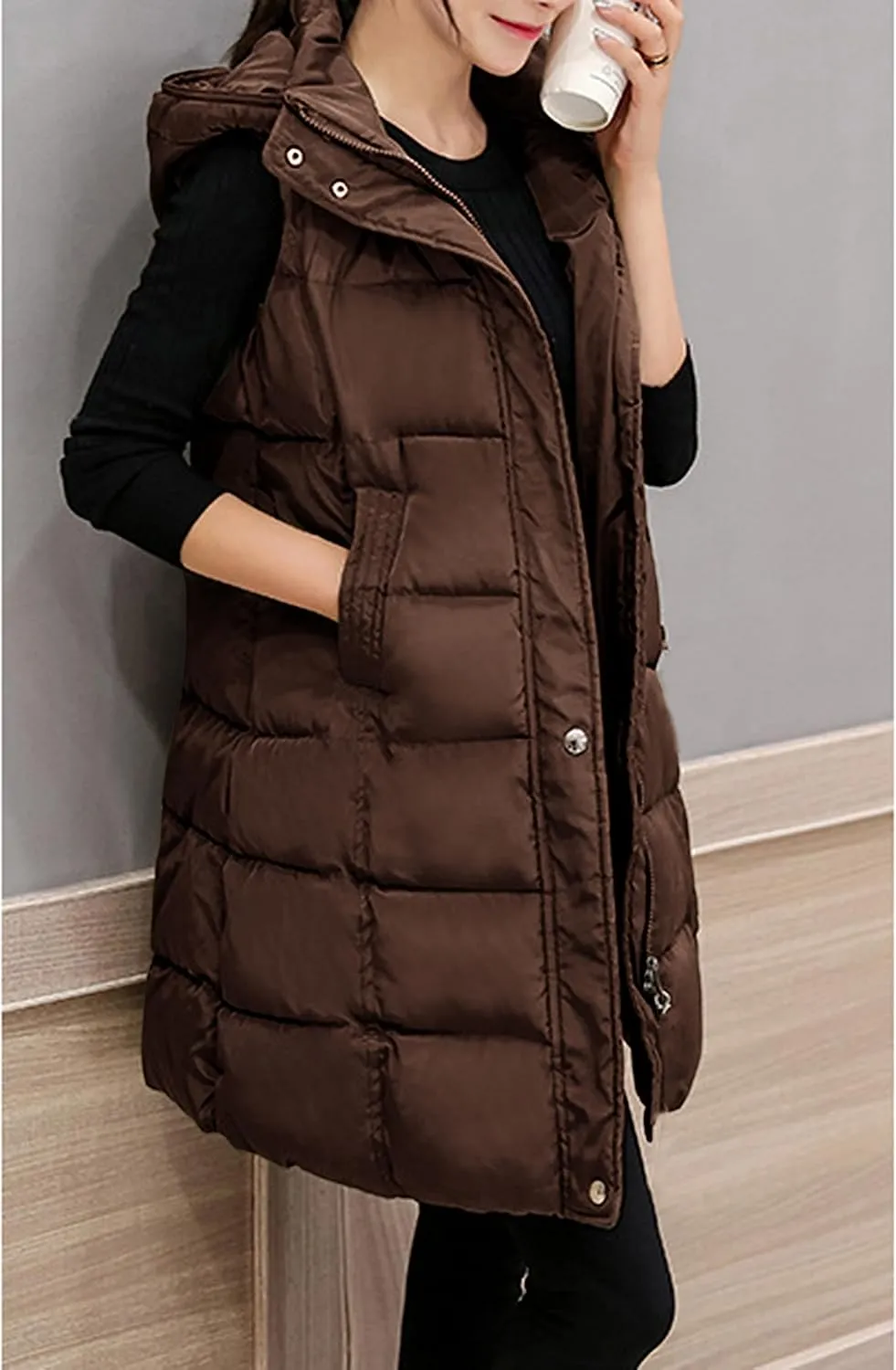 Tanming Women's Long Puffer Vest Casual Sleeveless Puffy Jacket with Removable Hood