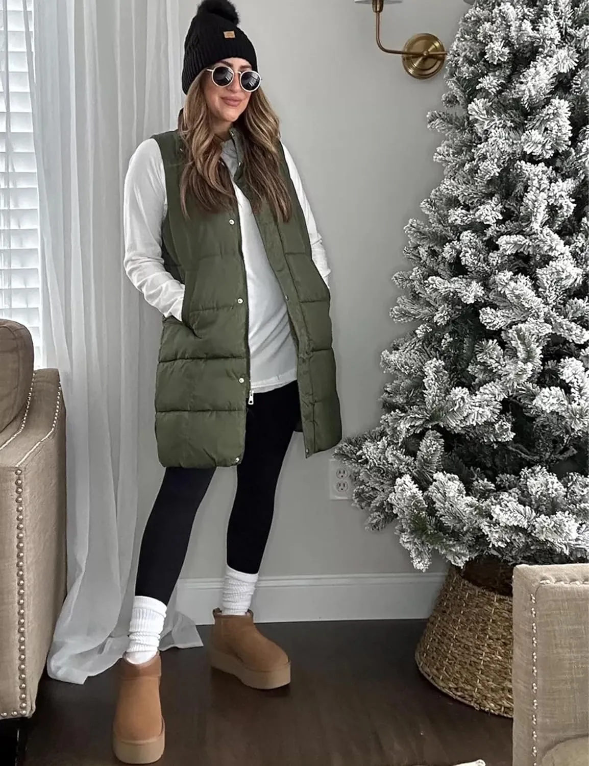 Tanming Women's Long Puffer Vest Casual Sleeveless Puffy Jacket with Removable Hood