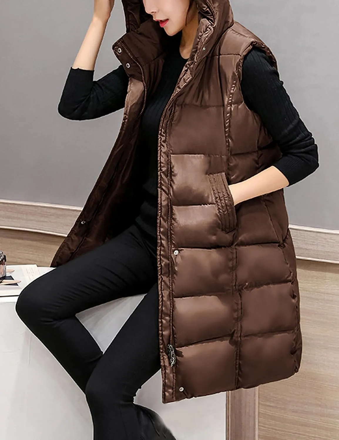 Tanming Women's Long Puffer Vest Casual Sleeveless Puffy Jacket with Removable Hood