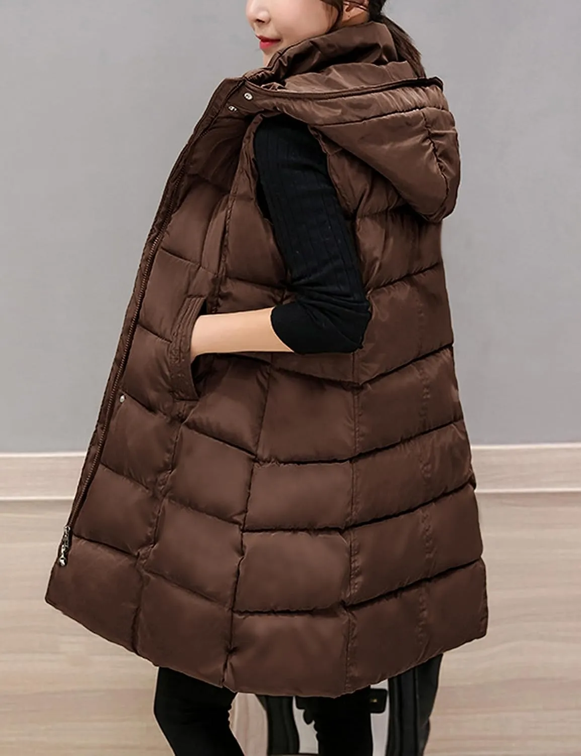 Tanming Women's Long Puffer Vest Casual Sleeveless Puffy Jacket with Removable Hood