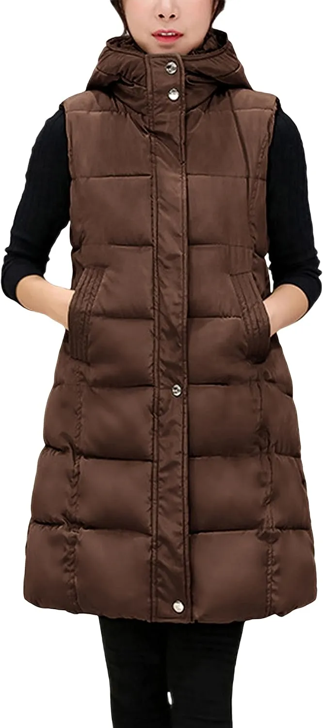 Tanming Women's Long Puffer Vest Casual Sleeveless Puffy Jacket with Removable Hood