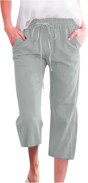 TARIENDY Cropped Dress Pants for Women Women's Elastic Drawstring Capris Summer Casual Outfits Wide Leg high Waist Pants