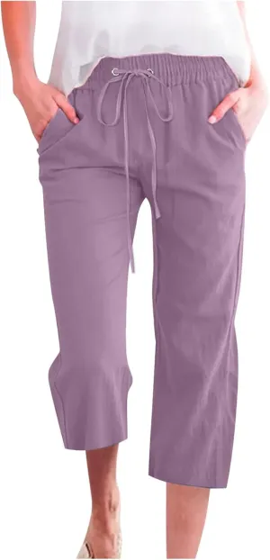 TARIENDY Cropped Dress Pants for Women Women's Elastic Drawstring Capris Summer Casual Outfits Wide Leg high Waist Pants