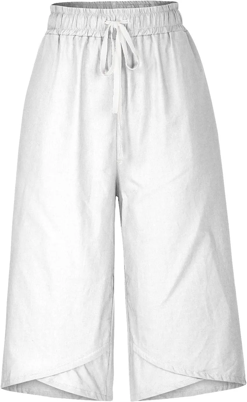 TARIENDY Wide Leg Capri Pants for Women Cotton Linen High Waist Casual Summer Pant Loose Comfy Fit Drawstring Lounge Capris