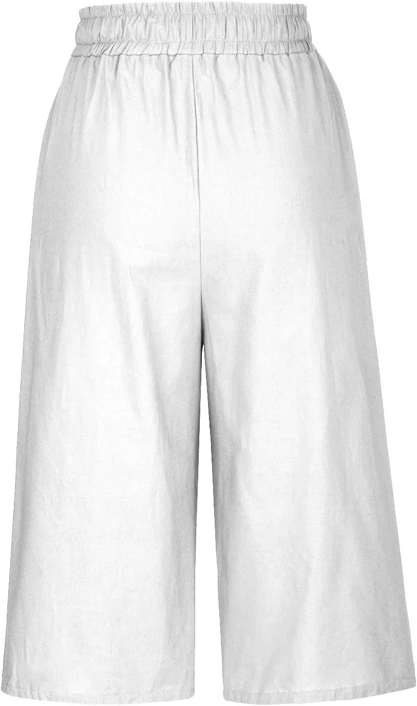 TARIENDY Wide Leg Capri Pants for Women Cotton Linen High Waist Casual Summer Pant Loose Comfy Fit Drawstring Lounge Capris