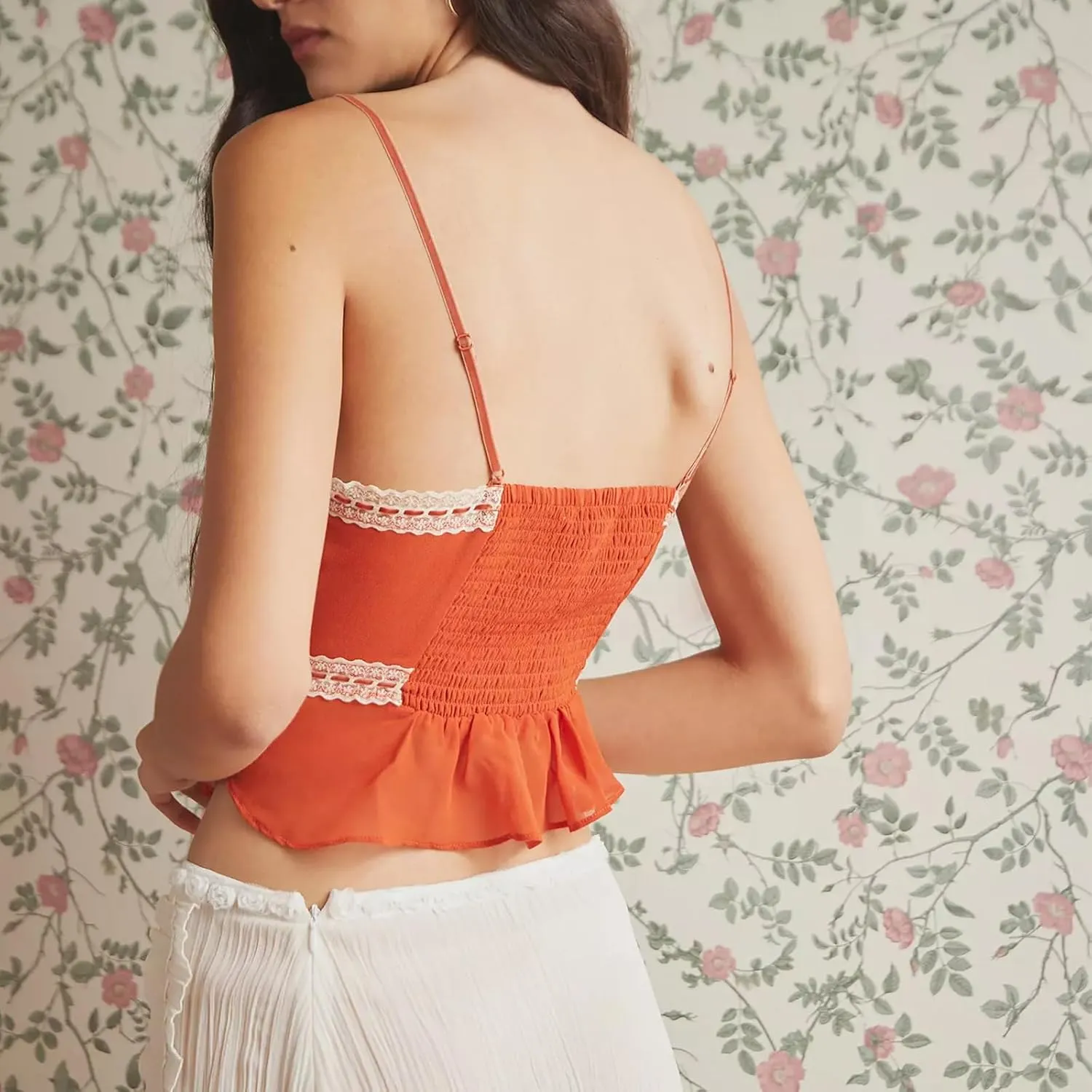 Tie Front Cami Top for Women Y2K Lace Trim Sheer Mesh Sleeveless Camisole Spaghetti Strap Ruffle Tank Top Cami Shirt