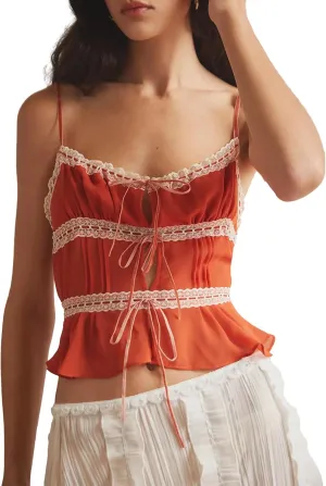 Tie Front Cami Top for Women Y2K Lace Trim Sheer Mesh Sleeveless Camisole Spaghetti Strap Ruffle Tank Top Cami Shirt