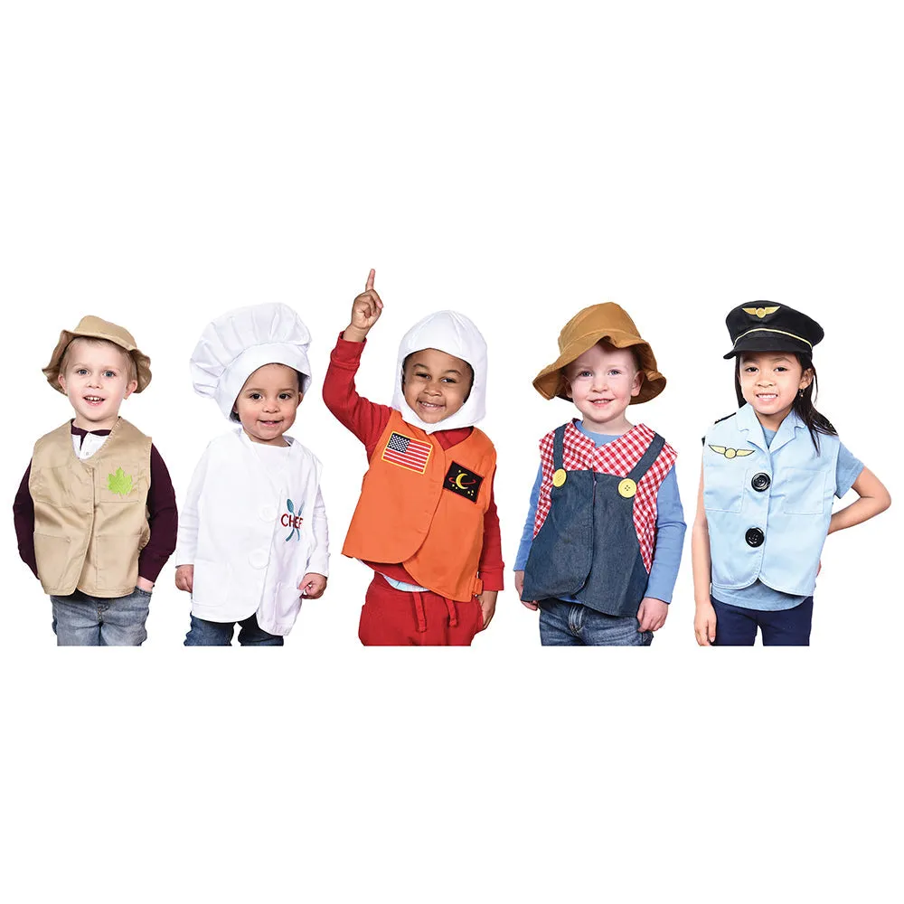 Toddler Dress-Up Vests & Hats Collection: Role-Play Set of 5 | Astronaut, Chef, Farmer, Nature Explorer & Pilot