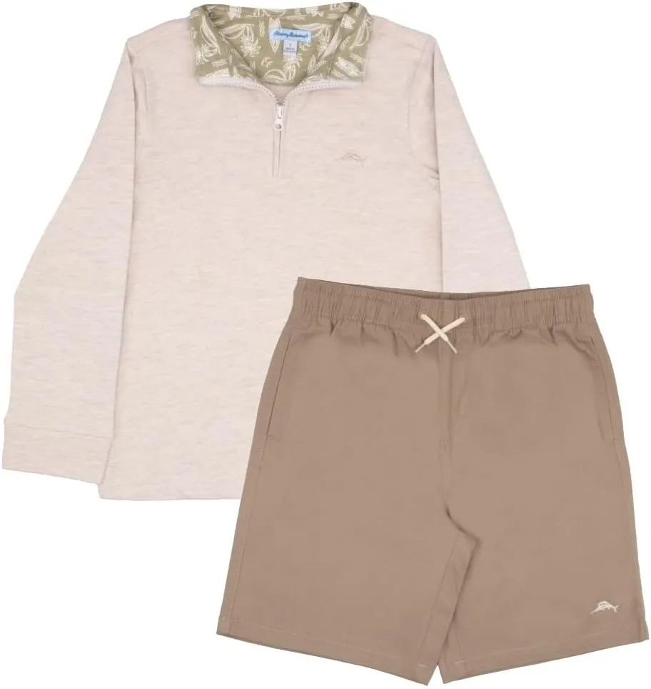 Tommy Bahama Boys Pullover Quarter-Zip Long-Sleeved Sweater & Shorts Set, Casual 2-Piece Summer Outfit for Kids