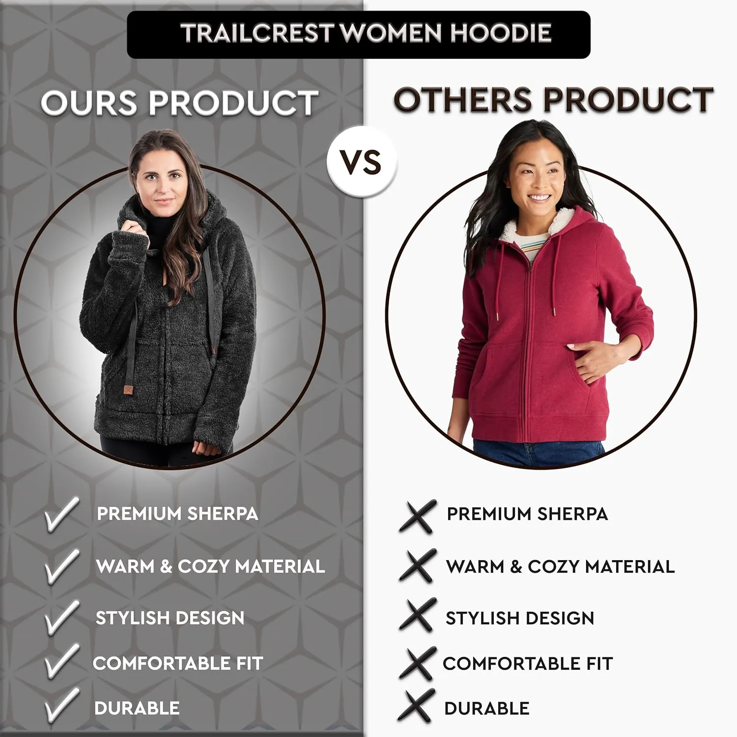 TrailCrest Women's Casual Sherpa Fuzzy Fleece Hoodie Full Zip with Thumb Holes Relaxed Fit