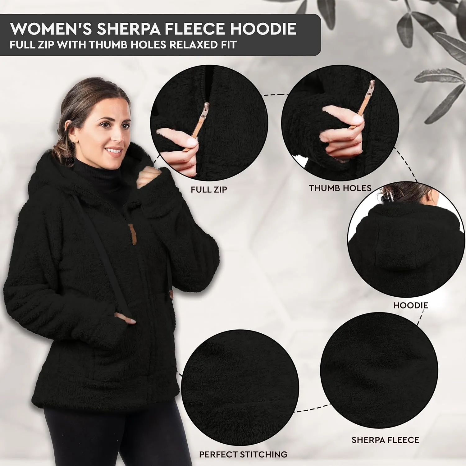 TrailCrest Women's Casual Sherpa Fuzzy Fleece Hoodie Full Zip with Thumb Holes Relaxed Fit