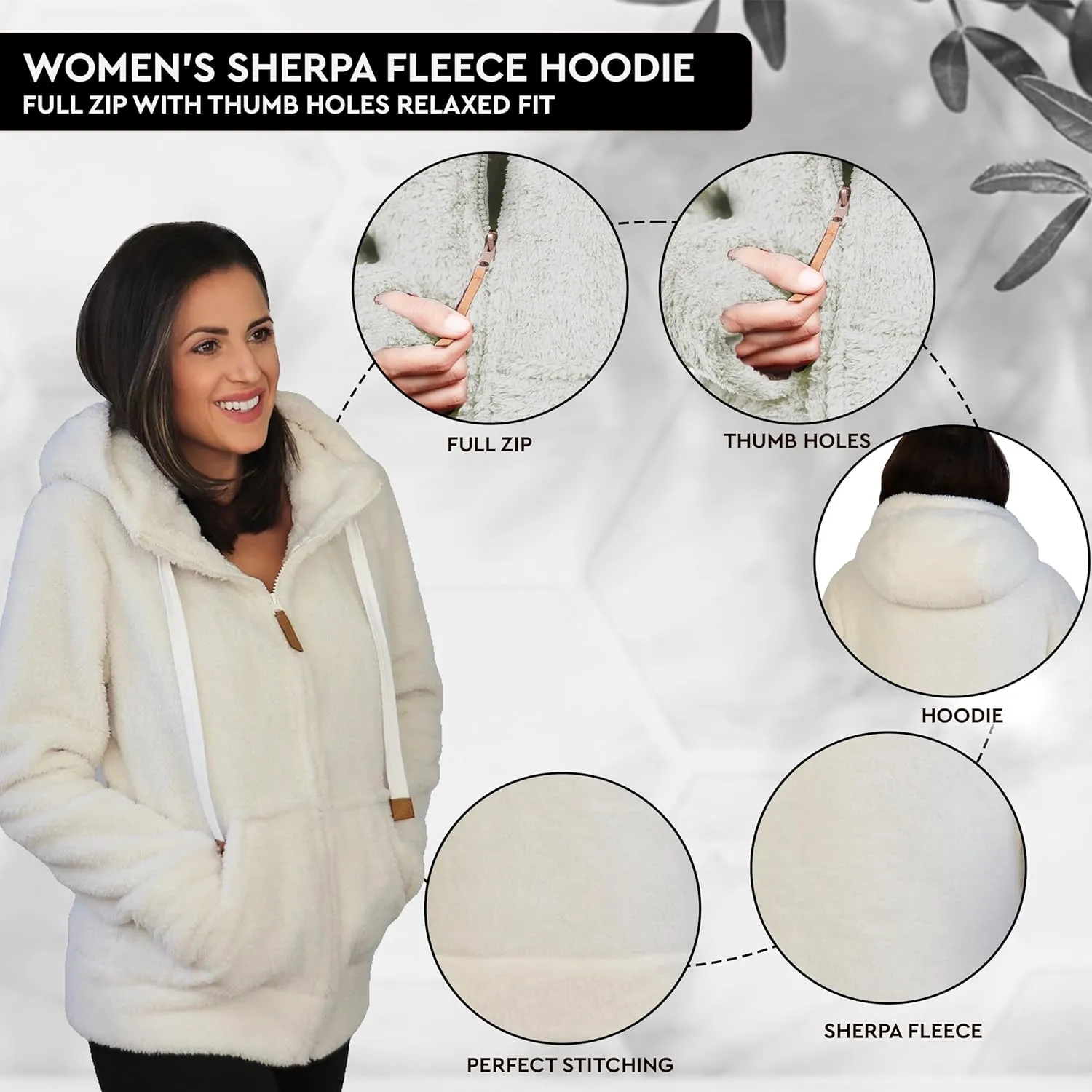 TrailCrest Women's Casual Sherpa Fuzzy Fleece Hoodie Full Zip with Thumb Holes Relaxed Fit