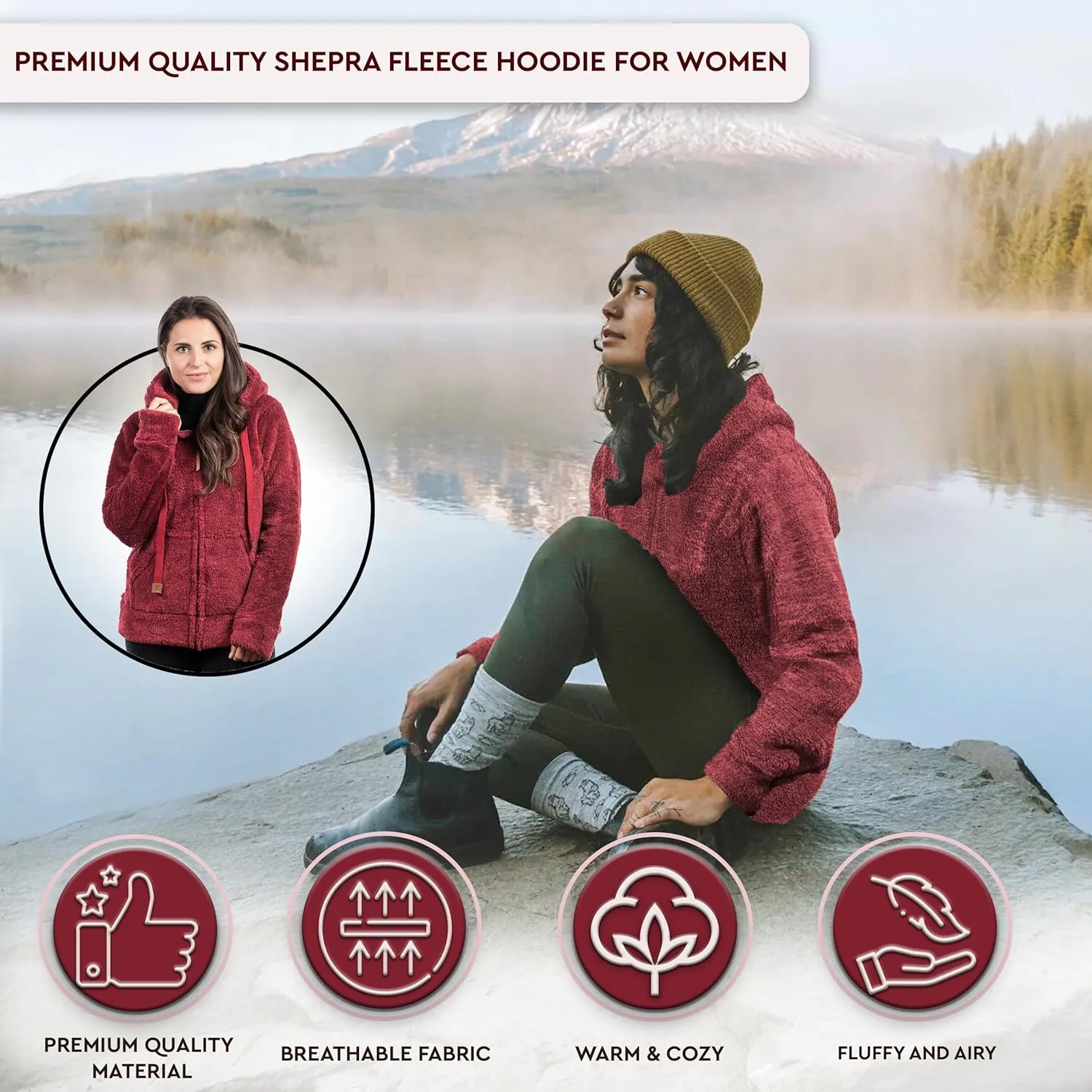 TrailCrest Women's Casual Sherpa Fuzzy Fleece Hoodie Full Zip with Thumb Holes Relaxed Fit