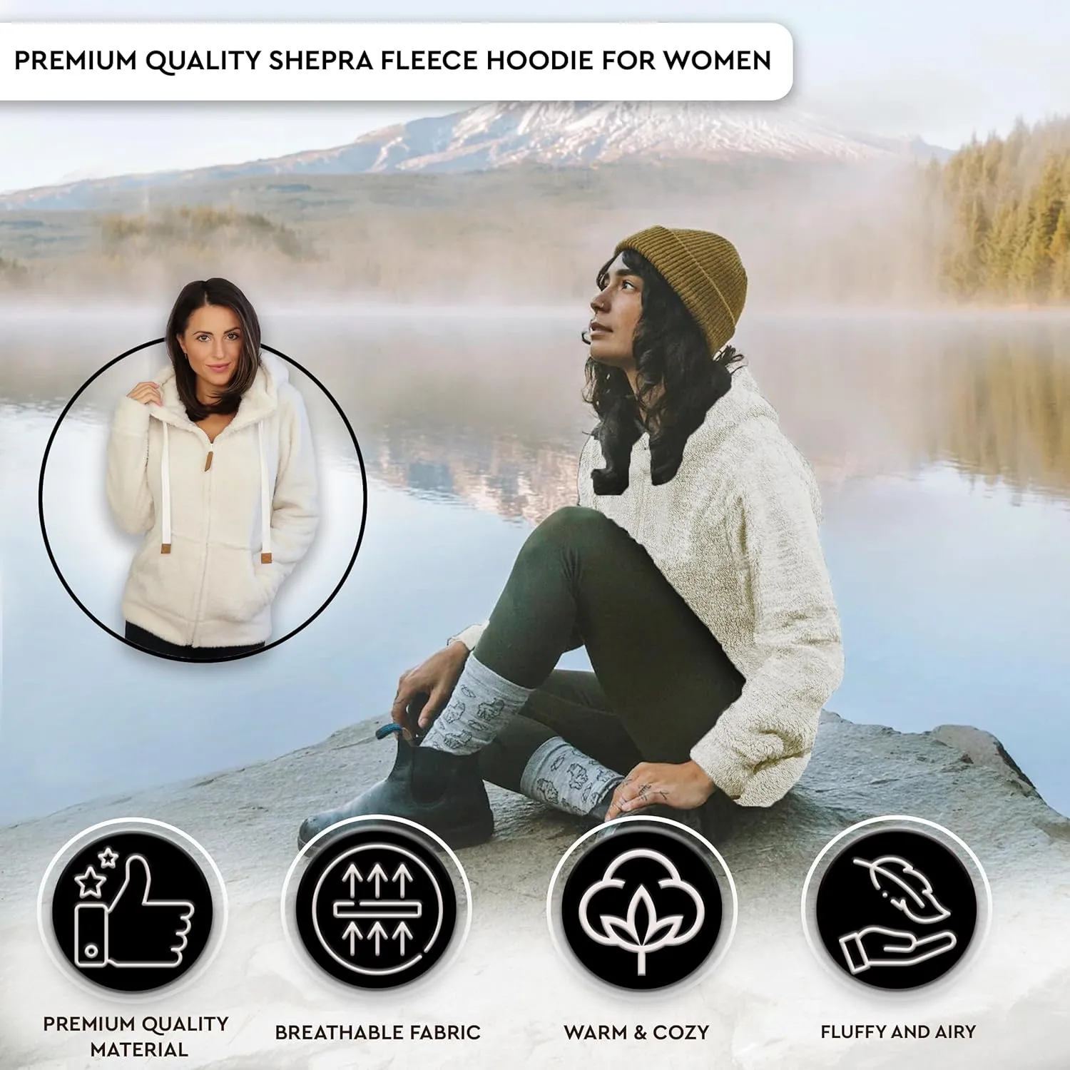 TrailCrest Women's Casual Sherpa Fuzzy Fleece Hoodie Full Zip with Thumb Holes Relaxed Fit