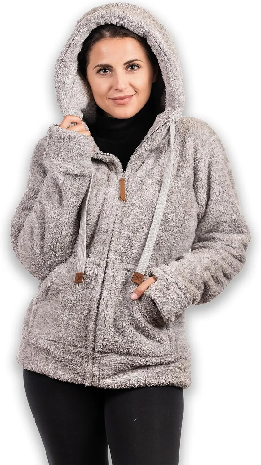 TrailCrest Women's Casual Sherpa Fuzzy Fleece Hoodie Full Zip with Thumb Holes Relaxed Fit