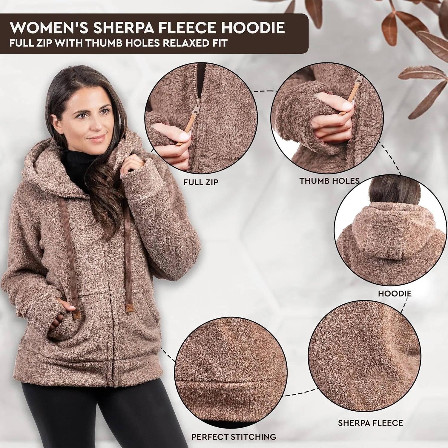 TrailCrest Women's Casual Sherpa Fuzzy Fleece Hoodie Full Zip with Thumb Holes Relaxed Fit