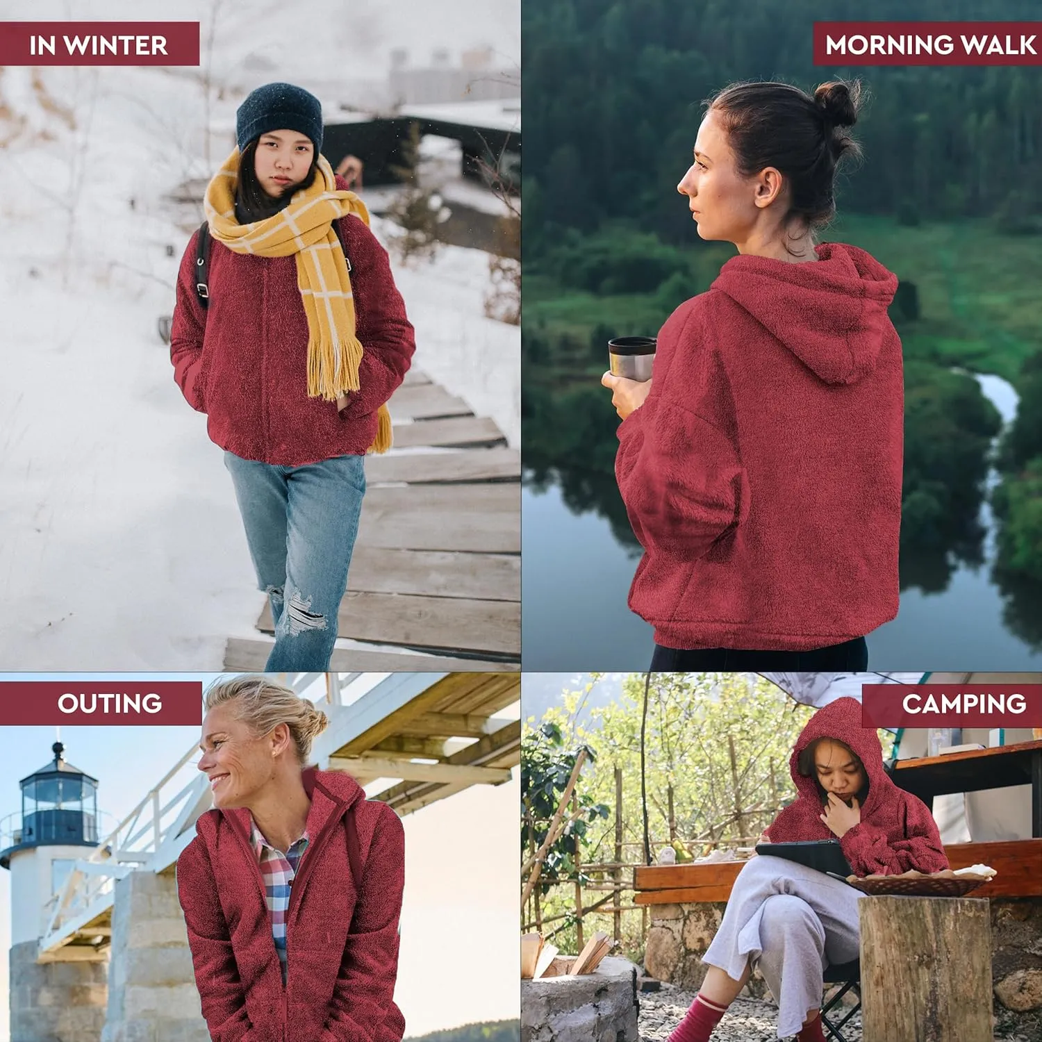 TrailCrest Women's Casual Sherpa Fuzzy Fleece Hoodie Full Zip with Thumb Holes Relaxed Fit